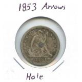 1853 Silver Seated Liberty Quarter - Hole