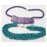 Large Beautiful Teal Beaded Necklace and Purple