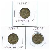 1945-P, D & S Jefferson Silver War Nickels