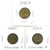 1943-P, D & S Jefferson Silver War Nickels