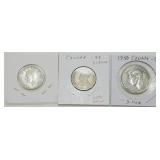 3 Canadian Silver Coins: 1950 AU Half Dollar,