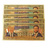 5 Gold Foil Donald Trump & J.D. Vance $2 Bills