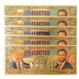 5 Gold Foil Donald Trump & J.D. Vance $2 Bills