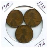 Group of 3 Early Lincoln Wheat Cents - 1910, 1913