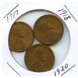 Group of 3 Early Lincoln Wheat Cents - 1917, 1918