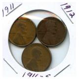 Group of 3 Early Lincoln Wheat Cents - 1911, 1912