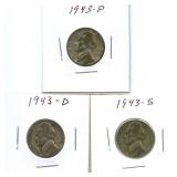 Group of (3) 1943 Jefferson Silver War Nickels - 1