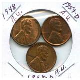 Group of 3 A.U. Lincoln Wheat Cents - 1948,