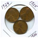 Group of 3 Lincoln Wheat Cents - 1924, 1925 &
