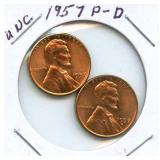 Pair of Uncirculated Lincoln Wheat Cents - 1957-P