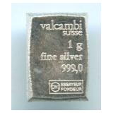 Valcambi Suisse 1 gram .999 Fine Silver Bar