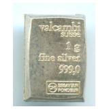 Valcambi Suisse 1 gram .999 Fine Silver Bar