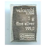 Valcambi Suisse 1 gram .999 Fine Silver Bar