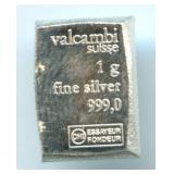 Valcambi Suisse 1 gram .999 Fine Silver Bar