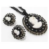 Vintage Cameo Beaded Earring Necklace Jewelry Set