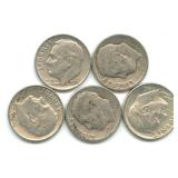 Group of 5 Roosevelt Silver Dimes