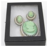 Jade Cameo Jewelry Set with Pin and Pair of