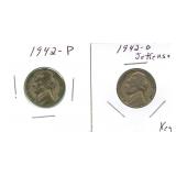 Pair of 1942 Jefferson Nickels including 1 Silver