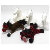 3 Horse Post Caps and 2 Stuffed Horses