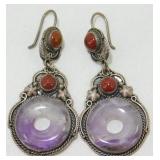 Vintage Sterling Silver Coral Amethyst Earrings -