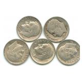 (5) Roosevelt Silver Dimes