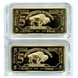 Pair of 5 gram Gold Plated Buffalo Design Bars
