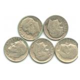 (5) Roosevelt Silver Dimes
