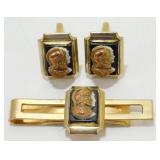 Double Cameo Roman Soldier Tie Clip & Cuff Links