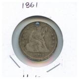 1861 Seated Liberty Silver Quarter - Hole