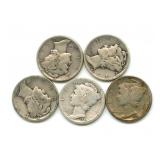 (5) Mercury Silver Dimes