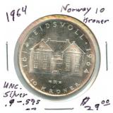 1964 Norway 10 Kroner Uncirculated Silver - 90%,