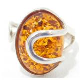 Sterling Silver Amber Ring - Size 6-1/4, but