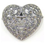 Heart Filigree 925S Brooch with Marcasite /