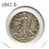 1942-D Walking Liberty Silver Half Dollar - Nice