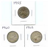 3 Canadian Silver Quarters 1955, 1960 and 1962