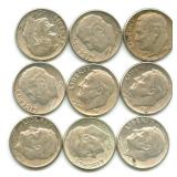 (9) 1962 Roosevelt Silver Dimes