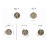 1937, 1938, 1938-D, 1939-D & 1940 Mercury Silver