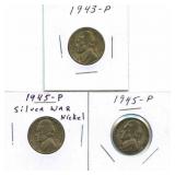 1943-P and (2)1945-P Jefferson Silver War Nickels