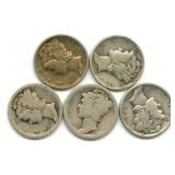 (5) Mercury Silver Dimes