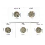 1920-S, 1927, 1935, 1936 & 1936-D Mercury Silver