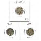 1916, 1917 & 1919 Mercury Silver Dimes