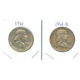 (2) Franklin Half Dollars $1 Face Value 90%