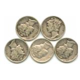 Group of 5 Mercury Silver Dimes