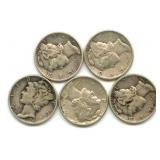 Group of 5 Mercury Silver Dimes