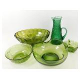 ** Vintage Green Glass Bowls & Pitcher
