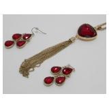 Vintage Large Red Jeweled Necklace and Red