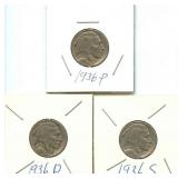 3 Buffalo Nickels: 1936-P, 1936-D & 1936-S