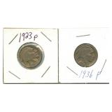 2 Buffalo Nickels: 1923-P & 1936-P