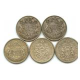 Lot of (5) 80% Silver Canadian 50ï¿½ Coins - 1942,