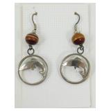 Silver Dolphin Earrings with Tiger Eye